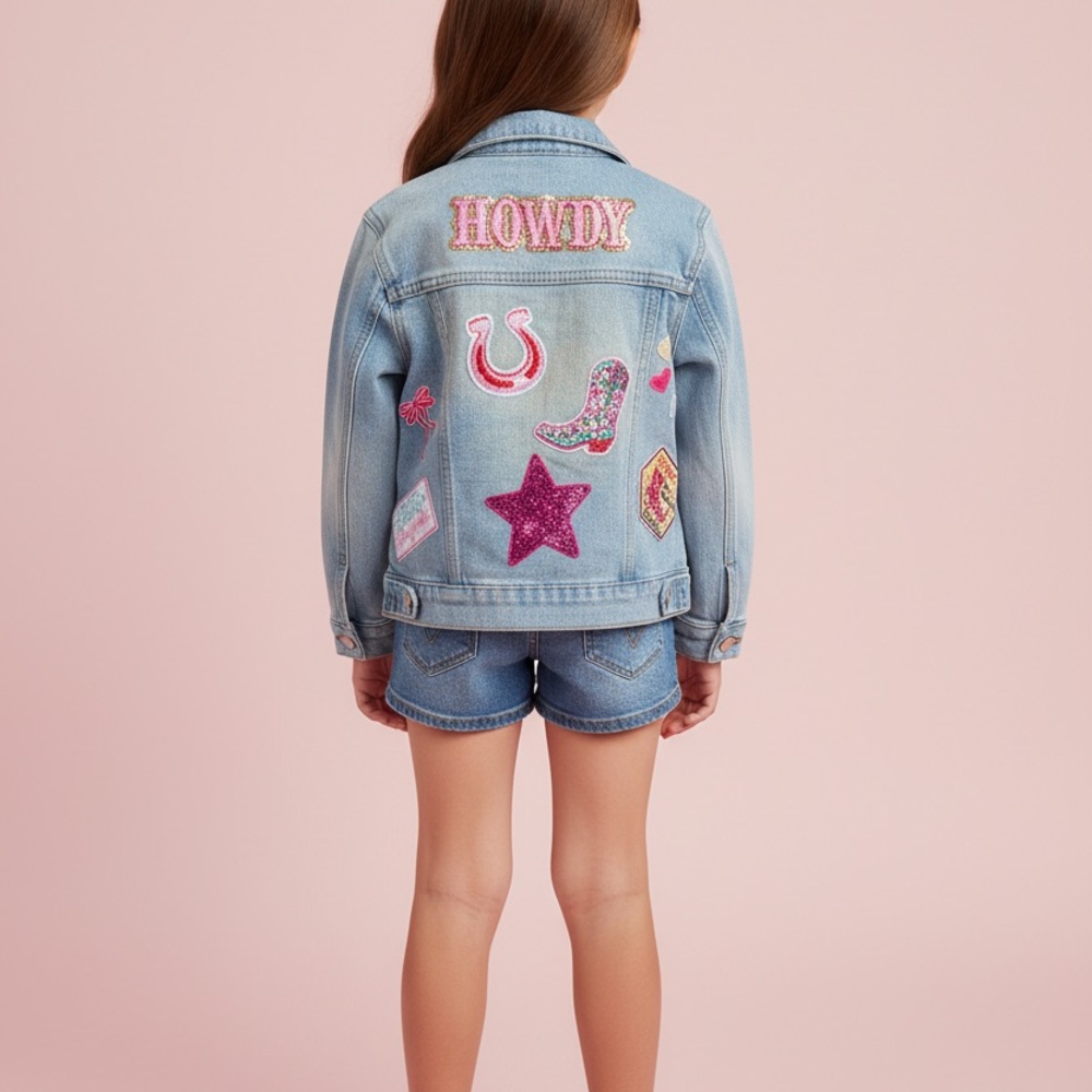 Kids Custom Made Cowgirl Denim Jacket with Fun Western Patches!